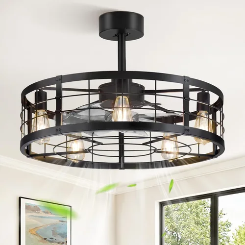 Miniatura 15 de LEDIARY - Ventilador de techo 16.5 pulgadas con jaula y luz, diseño industrial, estilo granja, para cocina, dormitorio, exterior, control remoto, 6