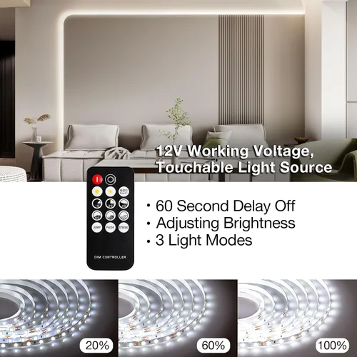Miniatura 2 de Tira de luces LED blancas de 20 pies con control remoto, tira de luz LED regulable de 6500 K de 12 V, 360 luces LED flexibles para dormitorio