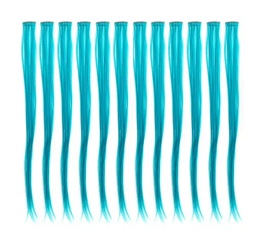 SWACC 12 unidades de broches con extensiones reflejos para cabello de un solo color para fiestas. Mechones de cabello sintético de color., Azul Azul