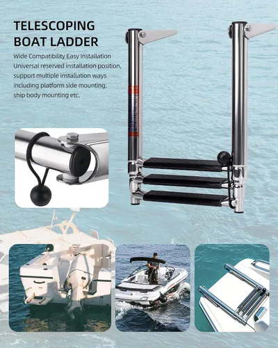 Miniatura 7 de Escalera telescópica para barco de 3 escalones, acero inoxidable 316 de grado marino, capacidad de 900 libras, peldaños antideslizantes y pasamanos