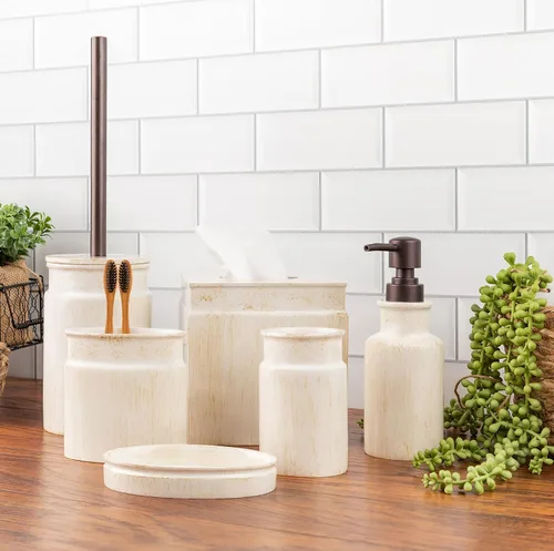 Miniatura 9 de Creative Scents Juego de accesorios de baño rústico de lujo completo - Set de 4 piezas de dispensador de jabón beige para baño incluye: dispensador