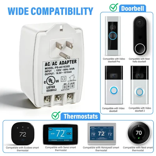 Miniatura 4 de 1 paquete de transformador de timbre de 16.5 V 30 VA enchufable compatible con Ring, Nest, Ecobee, transformador de timbre de 16.5 voltios