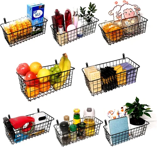 Miniatura 7 de Joben Oligey Juego de 3 Cestas Colgantes de Alambre, Cesta de Frutas para Montaje en Pared, Sin Perforación, Cesta de Metal Pequeña Adhesiva