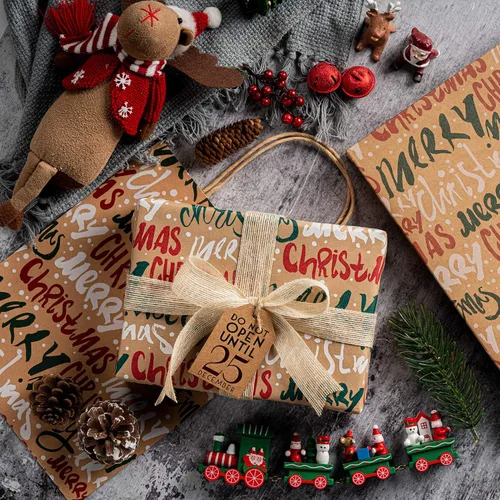 Miniatura 4 de RUSPEPA Papel de regalo, papel kraft – Copos de nieve, coche y árbol de Navidad, rayas y Feliz Navidad – 4 rollos – 30 pulgadas x 10 pies por rollo