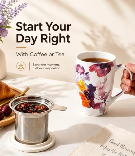Miniatura 5 de AmorArc Taza de té de porcelana de 18 onzas con infusor y tapa, taza de té de hojas sueltas con colador de acero inoxidable, taza de café grande