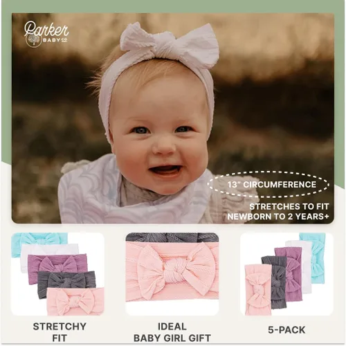 Miniatura 3 de Parker - Diademas de nailon de punto trenzado para bebé, paquete de 5 unidades, lazos suaves, elásticos y cómodos para niñas, ajustables, suaves al