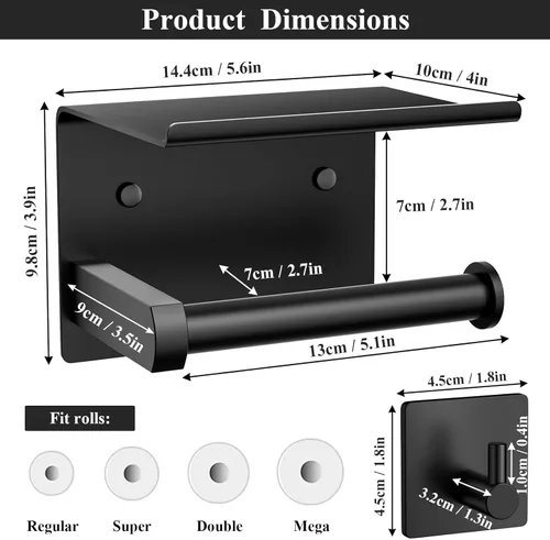 Miniatura 3 de Tindbea Soporte de papel higiénico con estante para teléfono + Ganchos para albornoz adhesivo o con tornillos, montaje en pared para almacenamiento
