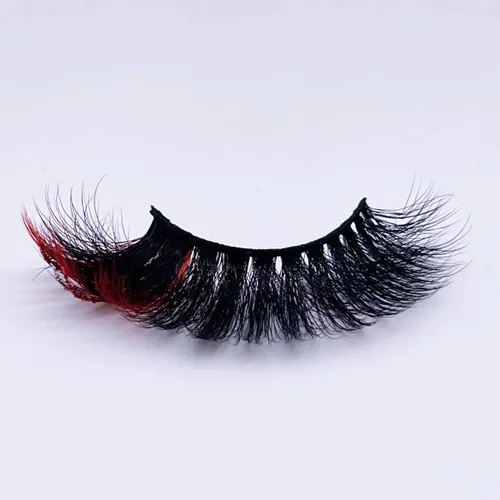 Miniatura 4 de Pestañas postizas negras con reflejos rojos, 1 par de pestañas de tira voluminosa con purpurina para un aspecto dramático, color rojo en el extremo