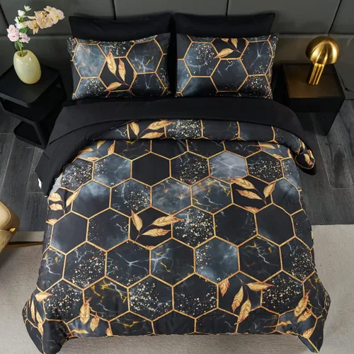 Miniatura 8 de ZRNBAST - Juego de edredón de nido de abeja negro de tamaño completo de 7 piezas, ropa de cama hexagonal suave y ligera, de mármol para todas