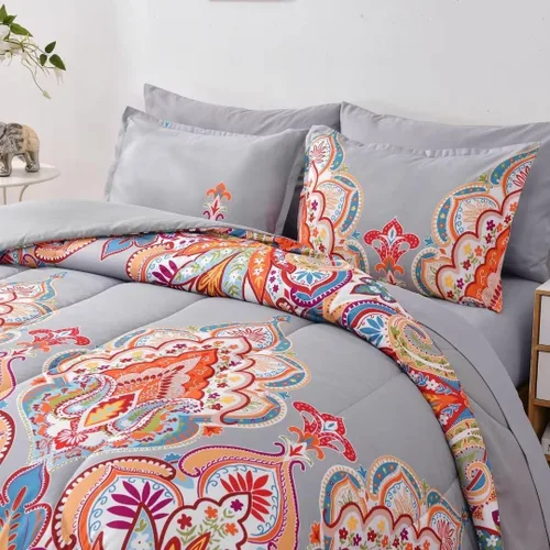 Miniatura 4 de Shatex Juego de edredón matrimonial de 3 piezas (86 x 82 pulgadas) para todas las estaciones, ultra suave, diseño bohemio occidental, edredón gris