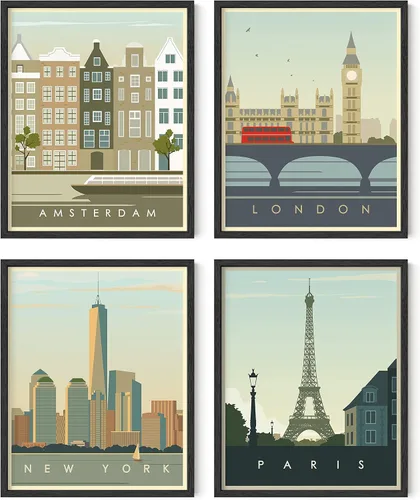 Miniatura 10 de HAUS AND HUES Pósteres de viaje vintage de ciudad, juego de 4 pósteres de viaje de Londres, impresión de Nueva York, póster de pared de París y Sin