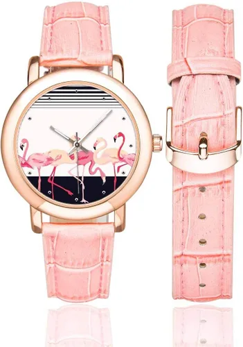 Miniatura 2 de Lindo Flamingo Birds Reloj de pulsera con correa de cuero rosa para mujer
