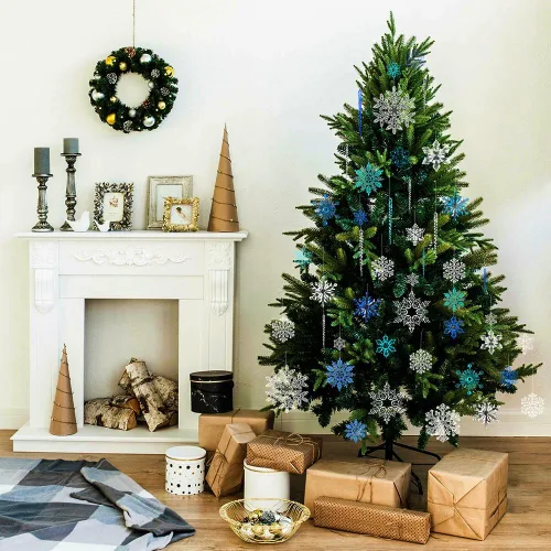 Miniatura 5 de YUJUN 56 piezas de adornos de copos de nieve de Navidad de cristal, copos de nieve azules de invierno, gotas de carámbano para árbol de Navidad