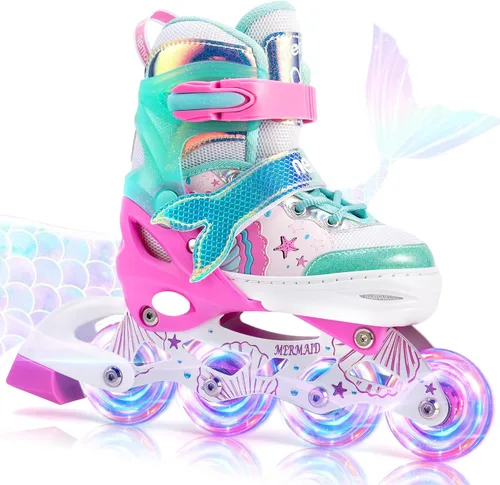 Miniatura 10 de NEMONE Patines en línea estilo sirena, patines ajustables en 4 tallas para niñas y niños con ruedas iluminadas, para principiantes, uso en A- Sirena
