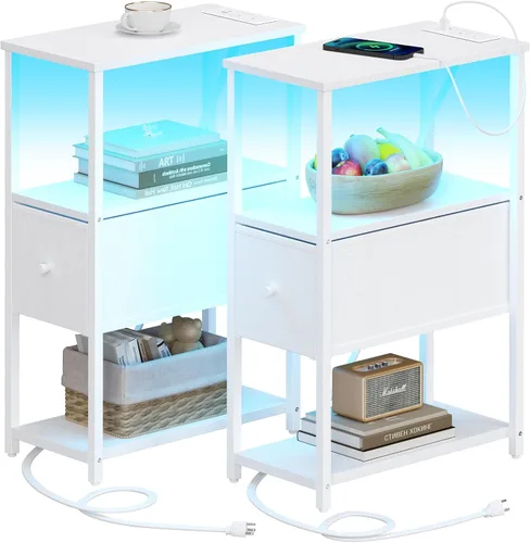 Miniatura 14 de TUTOTAK Mesa auxiliar pequeña y estrecha con LED y estación de carga, mesa lateral con tomas de corriente, mesita de noche con 2 cajones de tela