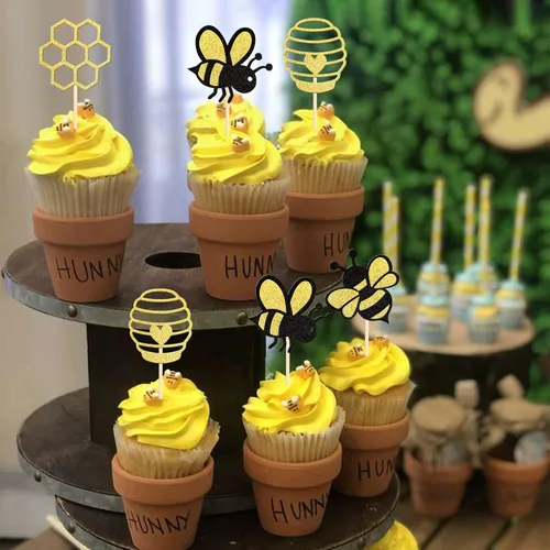 Miniatura 6 de 36 piezas de palillos decorativos para cupcakes de abejorros con corazones de purpurina y panal de abeja, decoraciones de pastel para baby shower