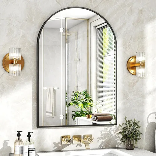 XRAMFY Espejo arqueado de baño negro de 20"x30" - Espejo de pared para baño, espejo de tocador con marco de metal, espejo para cómoda, espejos