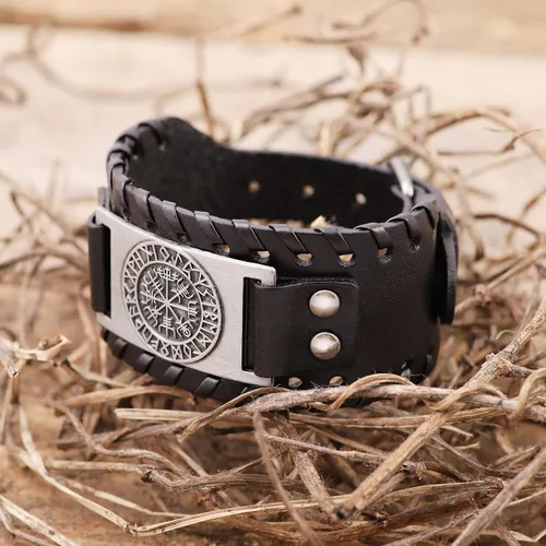 Miniatura 5 de HAQUIL Pulsera vikinga wicca egipcia negra marrón ancha de cuero pulsera antigua medieval joyería regalo para hombres