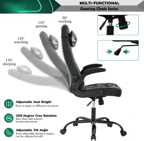Miniatura 4 de Sillas de computadora para adultos, silla ergonómica de videojuegos con cojín lumbar grueso y brazos abatibles, silla de escritorio de piel