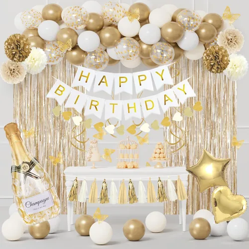 Kit de decoración de fiesta de cumpleaños blanco y dorado para mujeres y niñas, globos de aluminio de confeti de arena blanca y dorada, pancarta de