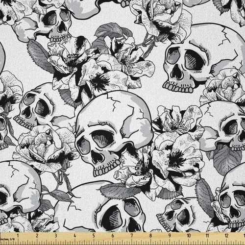 Miniatura 12 de Ambesonne The Yard, tela de calavera colorida con temática de Halloween, diseño de calavera y huesos cruzados, divertido estampado de dibujos