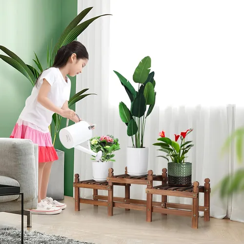 Miniatura 2 de Soporte para plantas de 3 niveles para interiores, banco bajo de madera para múltiples plantas, soporte largo para macetas de esquina
