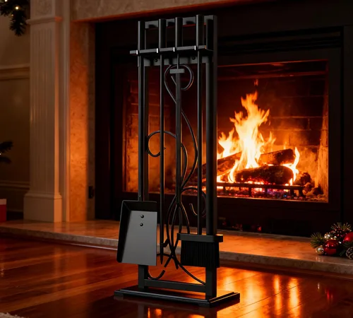 Miniatura 9 de Kingson Juego de herramientas para chimenea de 5 piezas – 30.5" Diseño de volutas negras, accesorios de chimenea de servicio pesado para chimeneas