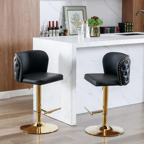 Miniatura 4 de Juego de 2 taburetes de bar de cuero, taburetes de bar giratorios de altura ajustable con botón trasero copetudo y patas de metal cromado dorado
