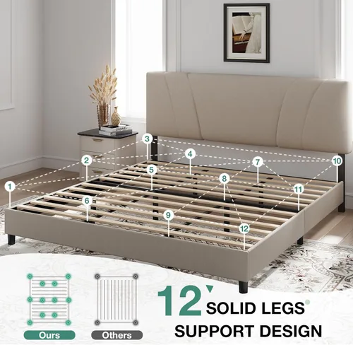 Miniatura 5 de Novilla Base de cama tamaño King con cabecera ajustable, marco de cama King, cabecera tapizada de tela de lino, no necesita somier, sin ruido, Beige