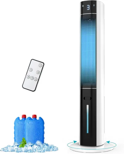 Rellytech Enfriador de aire evaporativo: enfriador de pantano con tanque de agua de 3 L, 3 modos y 3 velocidades, control remoto, temporizador de 12