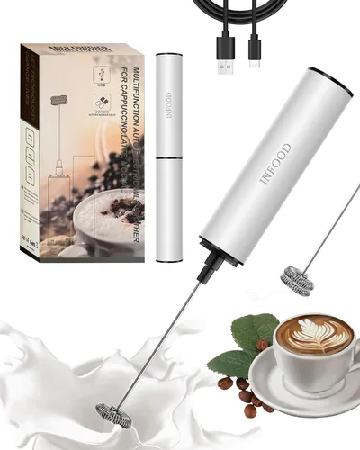 Miniatura 12 de INFOOD Espumador de leche recargable con tapa, varita espumadora de café, mezclador de bebidas de mano con 2 batidores desmontables de acero