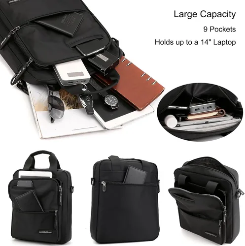 Miniatura 3 de zhongningyifeng Bolso bandolera para portátil de 14 pulgadas para hombre, de nailon, grande, impermeable, casual, negro, para trabajo, viajes, al