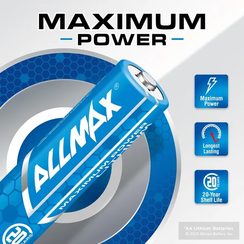 Miniatura 2 de Baterías de litio AA de Allmax Máxima Potencia (12 unidades) – De mayor duración, a prueba de derrames, vida útil de 20 años, rendimiento máximo