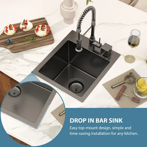 Miniatura 5 de Black Bar Sink Drop in 13x15 Inch Topmount Single Bowl Kitchen Sink Handmade T304 Stainless Steel Wet Bar Sink Outdoor RV Handmade Small Prep Sink