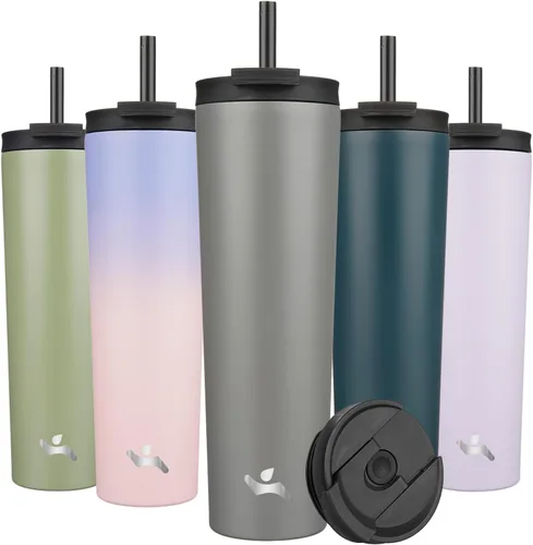 Miniatura 39 de Konokyo Vaso aislado de 18 onzas con tapa y 2 pajillas, botella de agua de acero inoxidable, taza de viaje al vacío, taza de café, color blanco ángel