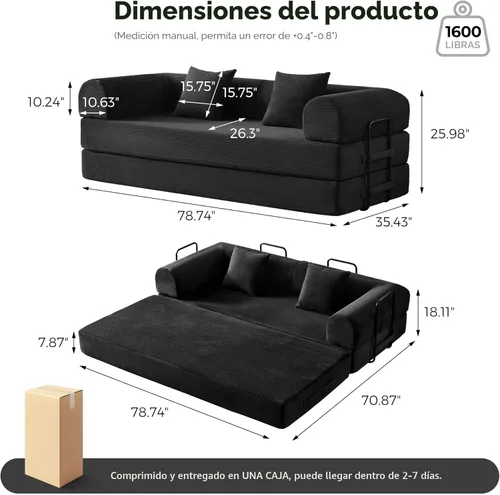 Miniatura 2 de Sofá cama convertible 5 en 1 sin montaje, marco de acero fijo de 79 pulgadas con espuma de alta resistencia, sofá modular de pana plegable para Negro