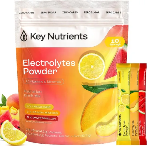 KEY NUTRIENTS Paquetes de electrolitos en polvo, paquete variado, mezcla de bebida de hidratación sin azúcar, paquetes de hidratación de