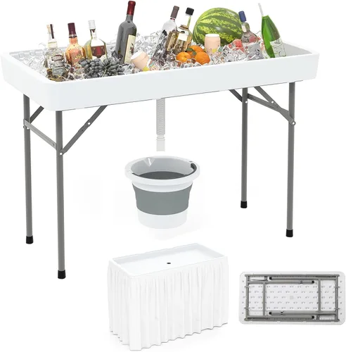 Giantex Mesa enfriadora de hielo plegable, mesa de barra fría para exteriores de 46 pulgadas con drenaje, cubo plegable y falda extraíble a juego,
