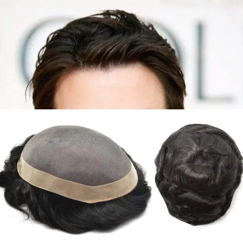 Miniatura 29 de Peluca monofilamento de monofilamento para hombre con revestimiento de poliéster alrededor del sistema de reemplazo de cabello humano duradero NPU