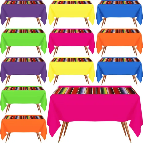 Hosuly Mantel de plástico para fiesta mexicana, 12 unidades, 54 x 108 pulgadas, mantel de plástico a rayas para decoración de fiesta mexicana (puro