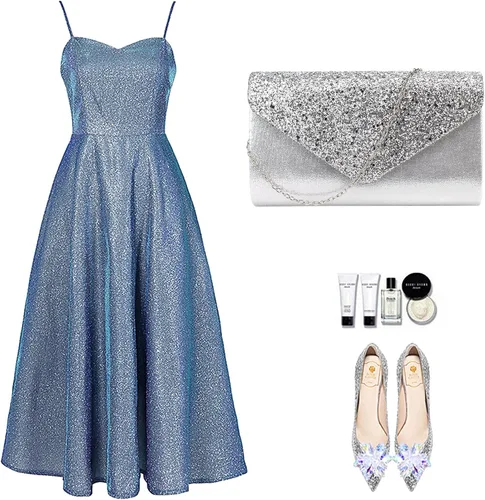 Miniatura 6 de Queena Bolso de mano de noche brillante con purpurina para mujer, bolso de mano con cadena para boda, fiesta, graduación, regalo para mamá, esposa