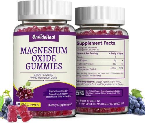 Miniatura 8 de Gomitas de óxido de magnesio de 400 mg, gomitas de magnesio masticables para mujeres y adultos, apoyo nervioso y muscular, sin azúcar, veganas, 60