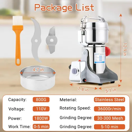 Miniatura 2 de Molino Eléctrico de Granos Molinillo 800g Alta Velocidad para Especias Hierbas 1800W Máquina de Molienda en Seco Acero Inoxidable 304 Polvo