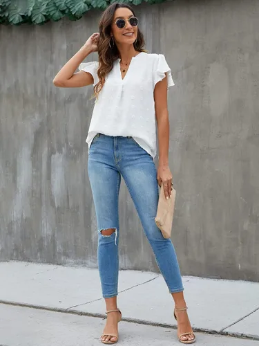 Miniatura 5 de Blooming Jelly Blusa blanca para mujer cuello en V manga con volantes camisas fluidas elegantes casuales lindas camisetas de verano