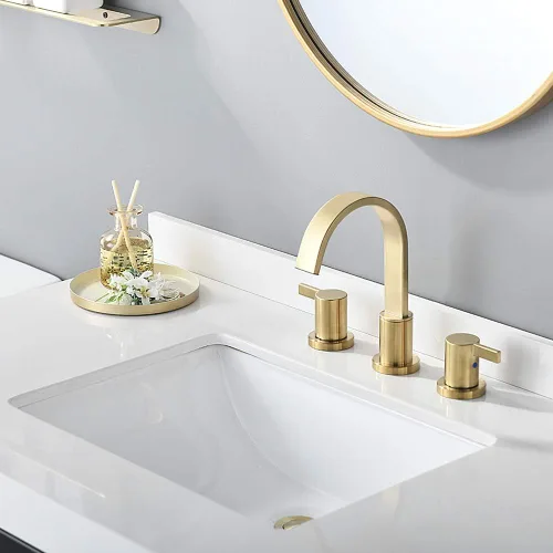 Miniatura 3 de Phiestina Grifo de lavabo de baño de oro cepillado generalizado de 8 pulgadas con 3 agujeros y 2 manijas con drenaje emergente de metal, WF040-1-BG