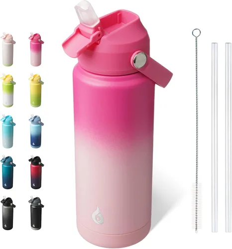 Miniatura 47 de BJPKPK - Botella de agua aislada con tapa de popote, 532 ml Botellas termo con boquilla suave, asa flexible y base antideslizante, libre de BPA, a