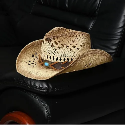Miniatura 8 de Sombrero de vaquero de paja occidental para hombre y mujer, sombrero de vaquera con dos bandas decorativas, sombrero de sol tejido de ala moldeable