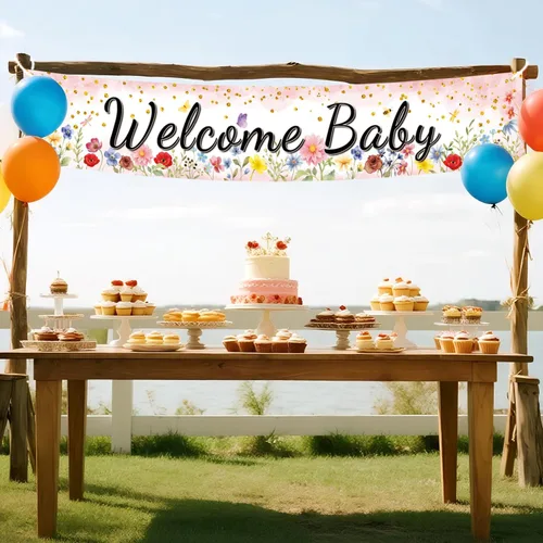 Miniatura 5 de Cartel de bienvenida de primavera para bebé, decoraciones de género neutro para baby shower, diseño de acuarela floral rosa coral, grande de 70.8 x