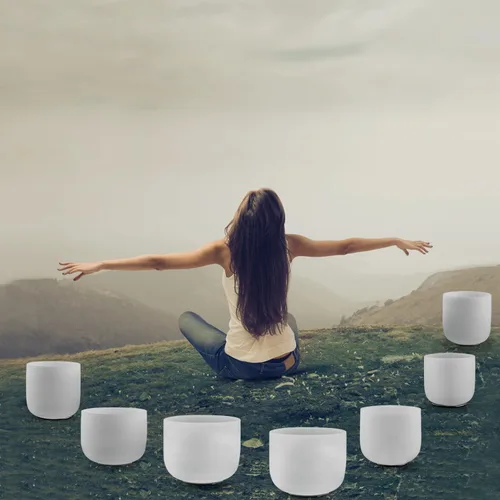 Miniatura 5 de Kresec Juego de 7 cuencos de cristal de cuarzo blanco de 432 Hz de 6 a 12 pulgadas para meditación, yoga y reiki con funda acolchada, mazos