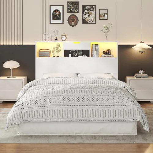 Miniatura 7 de Cabecero para cama tamaño Queen con estante de almacenamiento y cajones, cabeceros profundos de madera con estación de carga y luces LED, cabecera